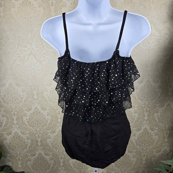 Longitude Size 10 One Piece Swimsuit Black Ruffled Top Sequins Slimming - Picture 6 of 15